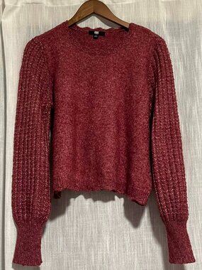 Frye Marled Knit Sweater Boho Style Scalloped Hem Puff Sleeve Pink/Maroon Size L